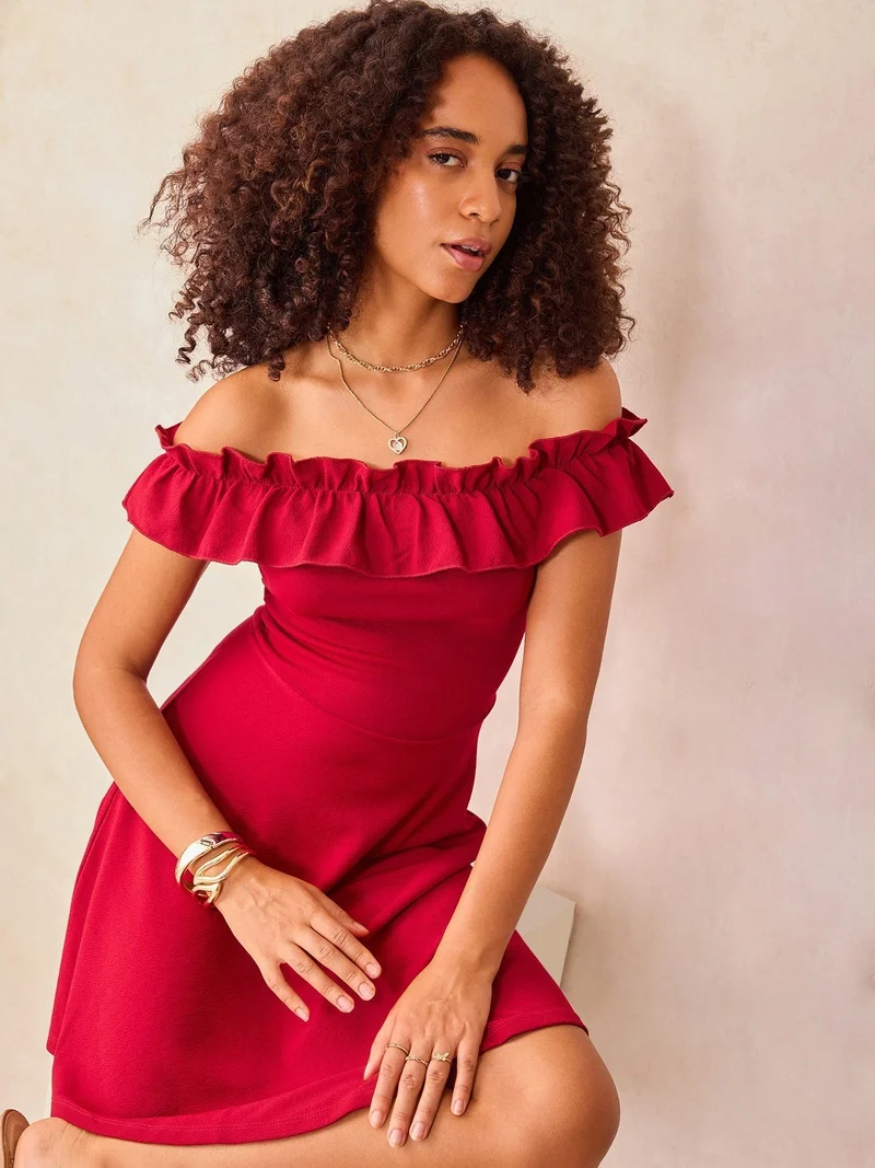 Outzidr  Wine Off-Shoulder Frilled Skater Dress for Women | Best Price UAE